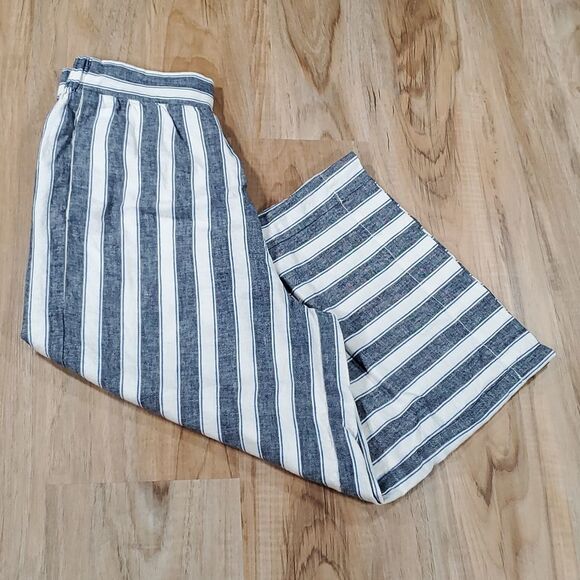 🔺️Madewell Cream & Blue Striped Huston Wide Leg Linen Pants XSmall - Picture 2 of 9